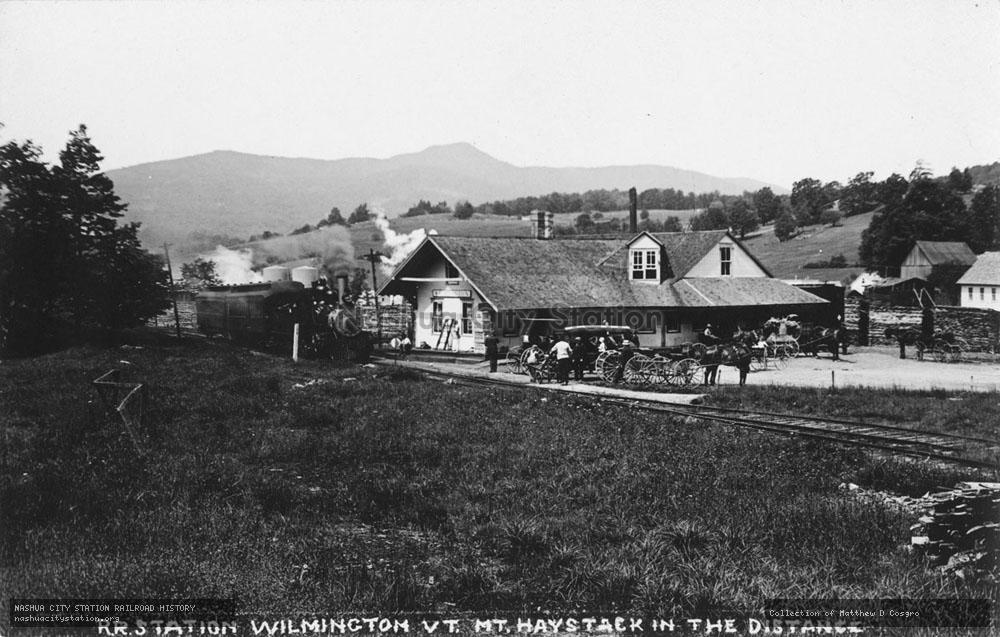 Postcard: Railroad Station, Wilmington, Vermont.  Mt. Haystack in the distance.